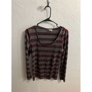 BKE Long Sleeve Sheer Maroon & Charcoal Gray Strip Sparkle Pullover Top Size Med
